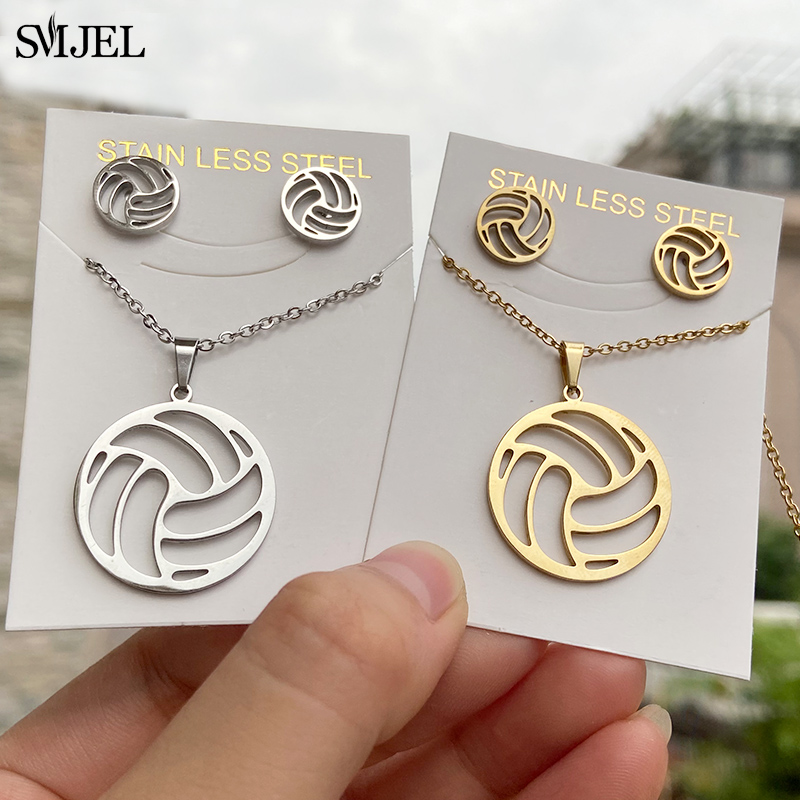 Men'S Volleyball Accessories - 女性のためのステンレス鋼のネックレスとイヤリングのセット,ボールの形をしたミニマリストジュエリー,三角形,パーティーアクセサリー,ギフト
