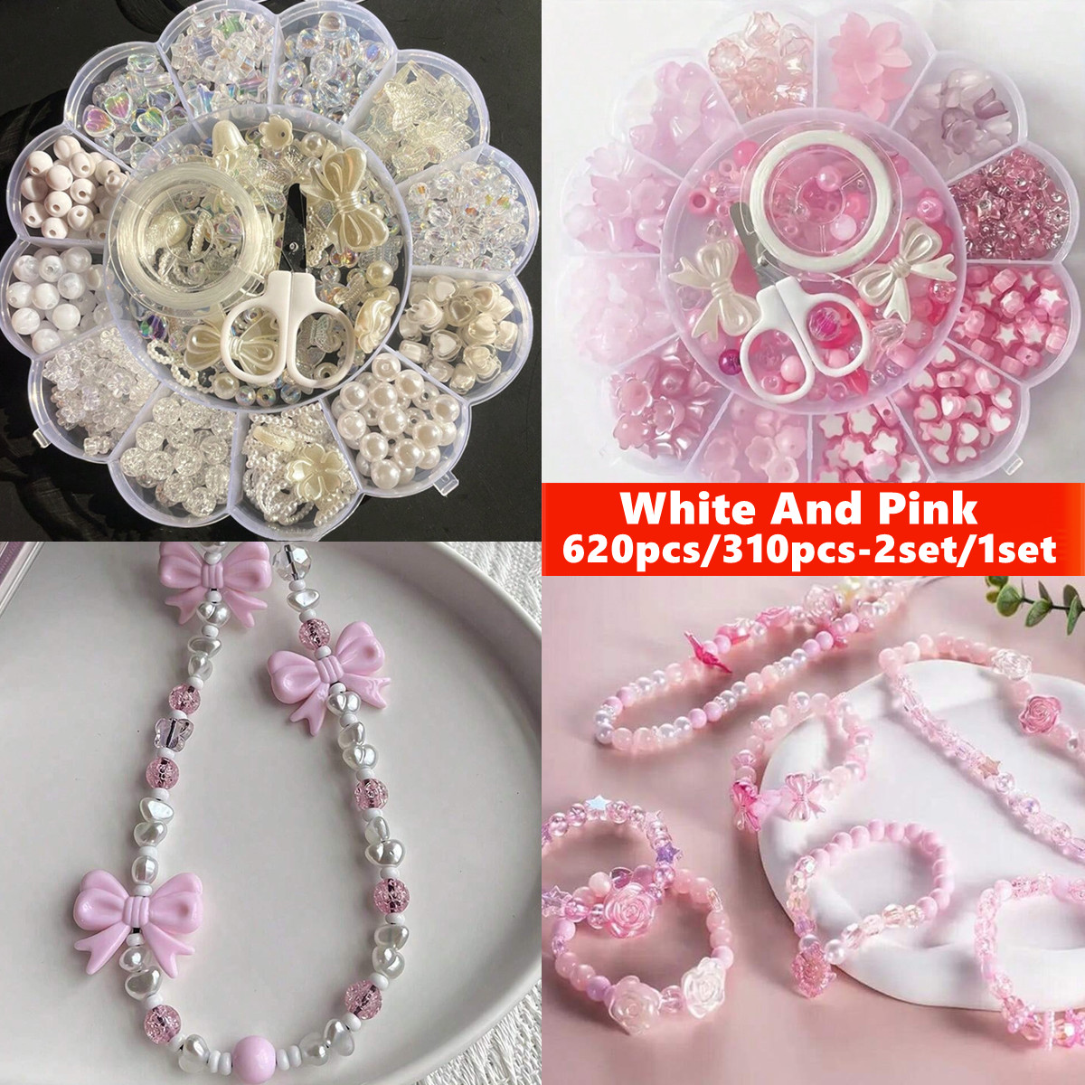 Men Accessories Jewellery - 2セット/1セット 13グリッドアクリルフラワーボックスビーズ ピンクと白のフラワーシリーズルースビーズ、DIYハンドストリングシリーズ作成用