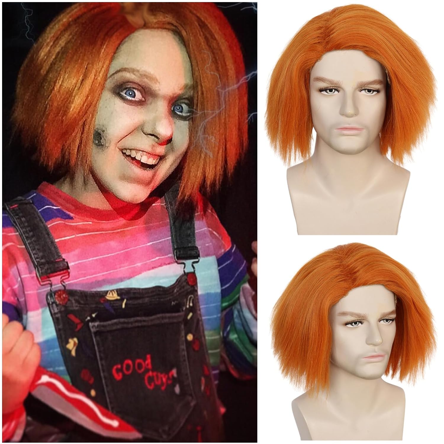 Men Accessories Bd - アニメチャッキーウィッグメンズオレンジコスプレウィッグふわふわジンジャーヘア合成毛ハロウィンコスチューム用