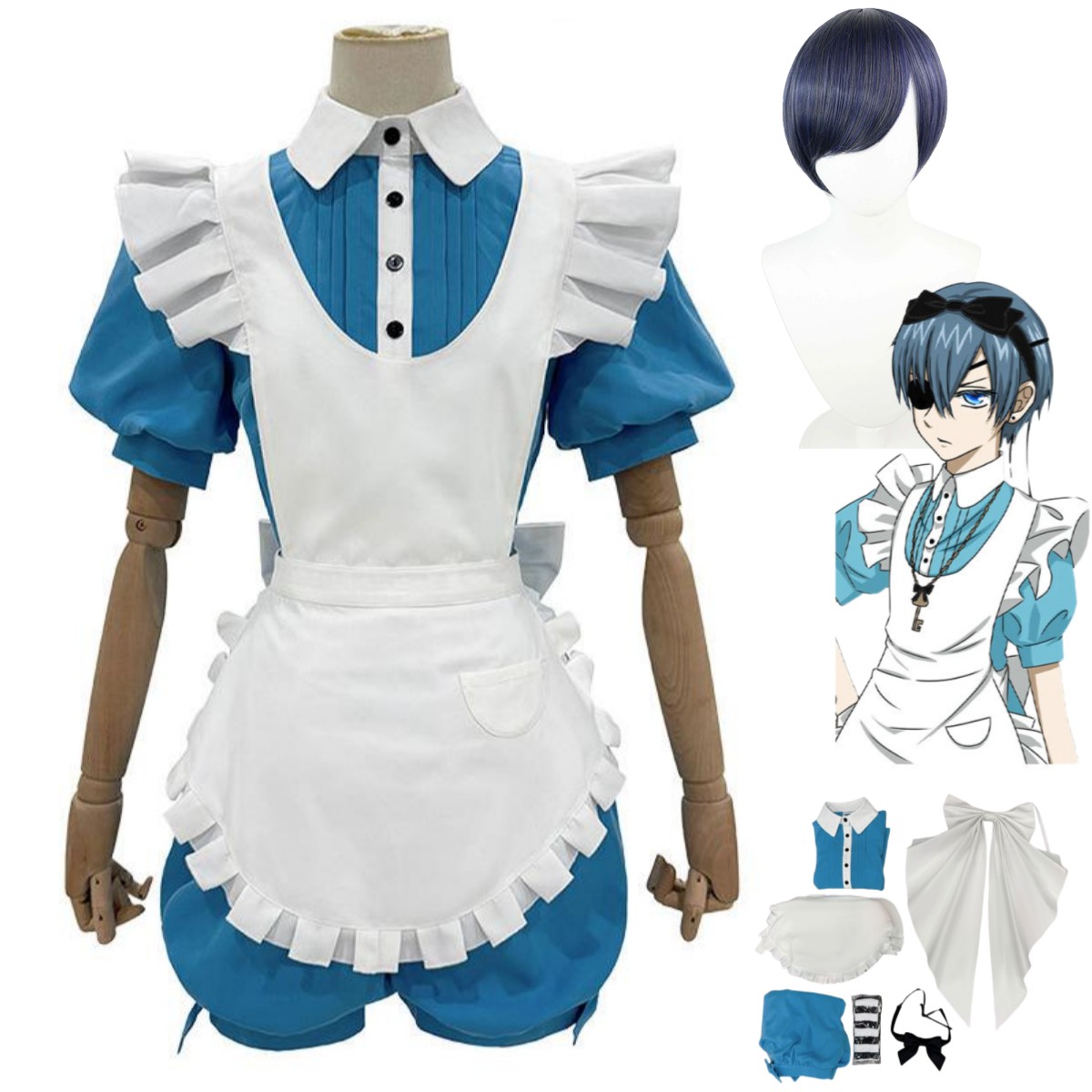 Men'S Accessories Japan - アニメシエル・ファントムハイヴ笑顔コスプレ衣装黒執事アリスメイドエプロンドレスウィッグ男性女性かわいいクリスマススーツ
