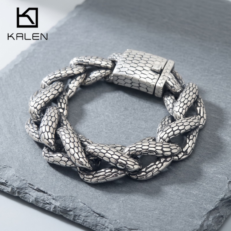 Men Accessories Bd - カレン スネークスキン キューバンリンク メンズブレスレット パンク ヘビー
