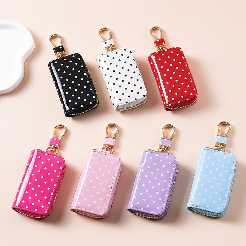 水玉模様の光沢のあるパテントレザーキーポーチゴールデンジッパ - Men Accessories Store のレビューと価格